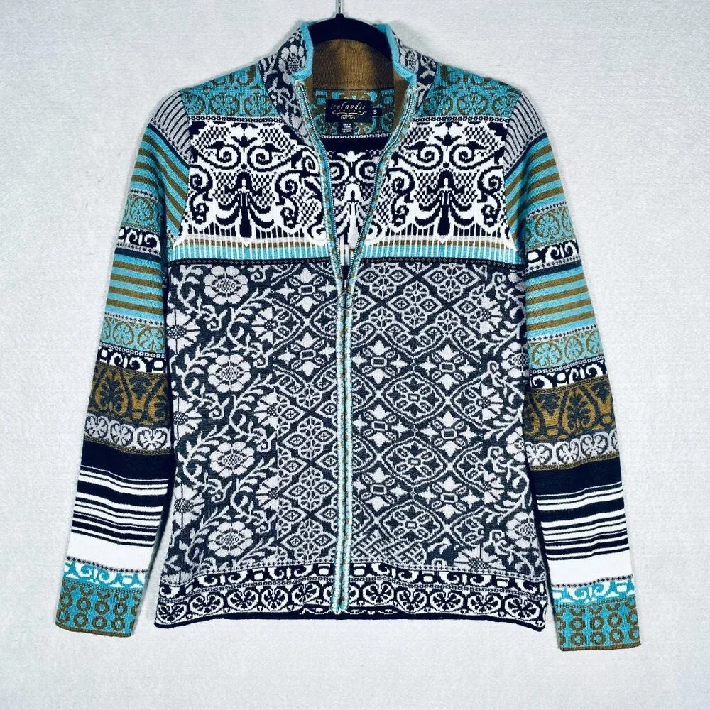 Icelandic Wool Sweater S Green Knit Full Zip Fair Isle Cardigan Artsy Hiking